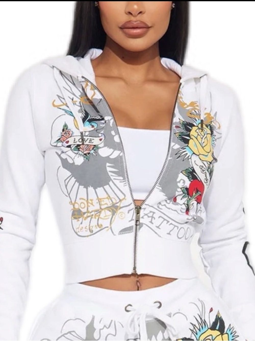 Ed Hardy White Zip-Front Hoodie with Colorful Tattoo Floral Prints